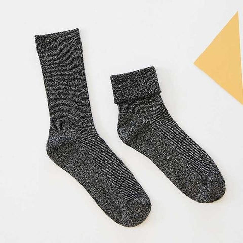 SP&CITY Winter Cotton Solid Shiny Woman Simple Socks Fashion Art Fold Female Student Thick Warm Socks Shiny Metallic Line Sock