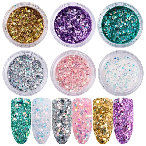 Pandahall 6 boxes/set 28x14mm Nail Art Fine Glitter Sequins Mixed Powder Manicure White Hexagon AB Color UV Gel Polish DIY Decor