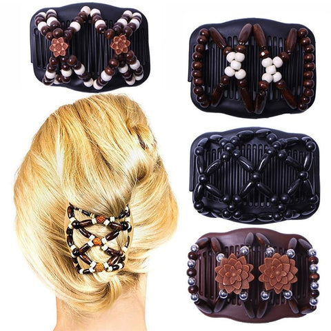 1pc Women Girls Vintage Flower Bead Stretchy Hair Comb Double Magic Slide Metal Comb Clip Hairpins Hair Accessories Tool o10 oc5